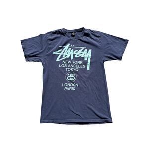 Stussy World Tour Blue T-Shirt Tee Size Med Men’s NY LA Tokyo London Paris